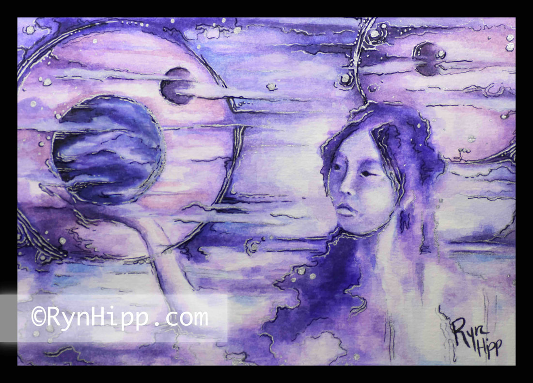Watercolor painting of a woman holding a planet-like orb.